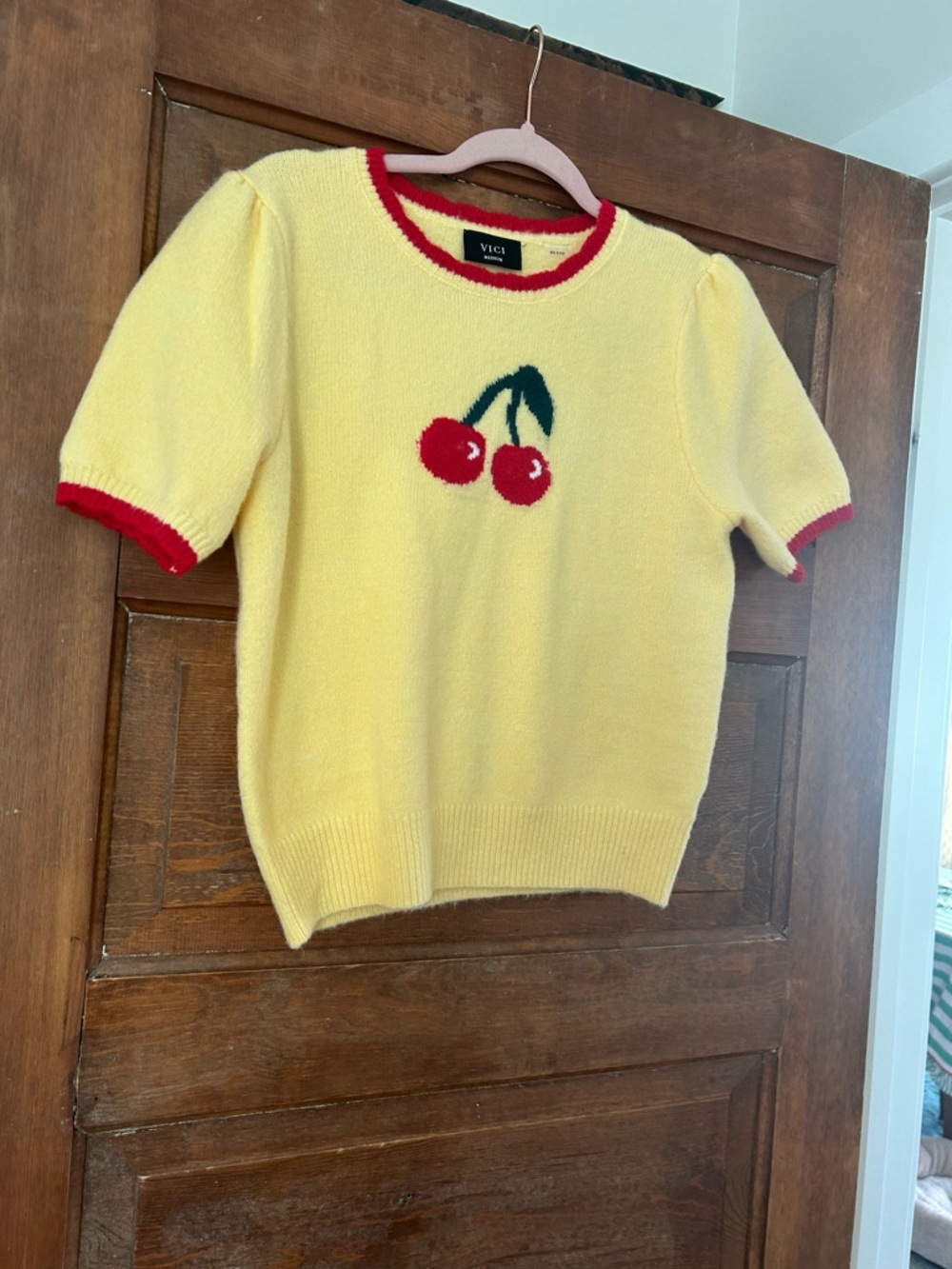 Vici  Yellow Cherry Knit Top with Red Trim